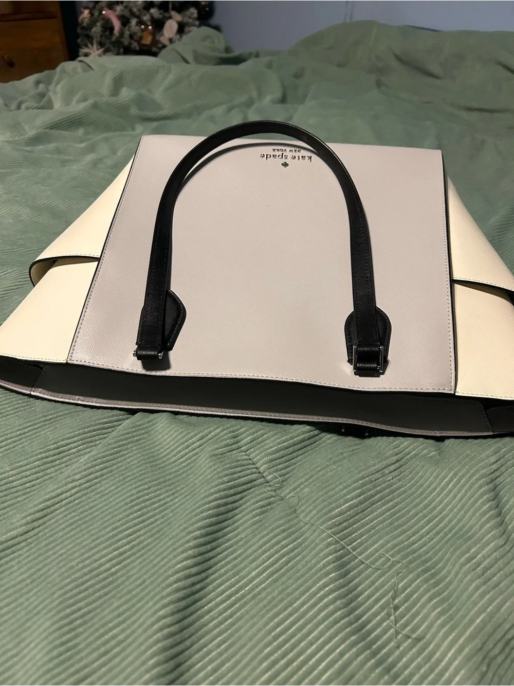 kate spade Cream and Black Structured Saffiano Tote
